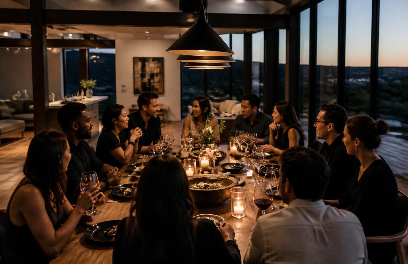 A long dinner table set for about ten guests, mid-conversation