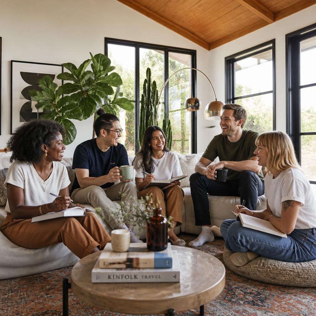 Friends relaxing together in a modern living room