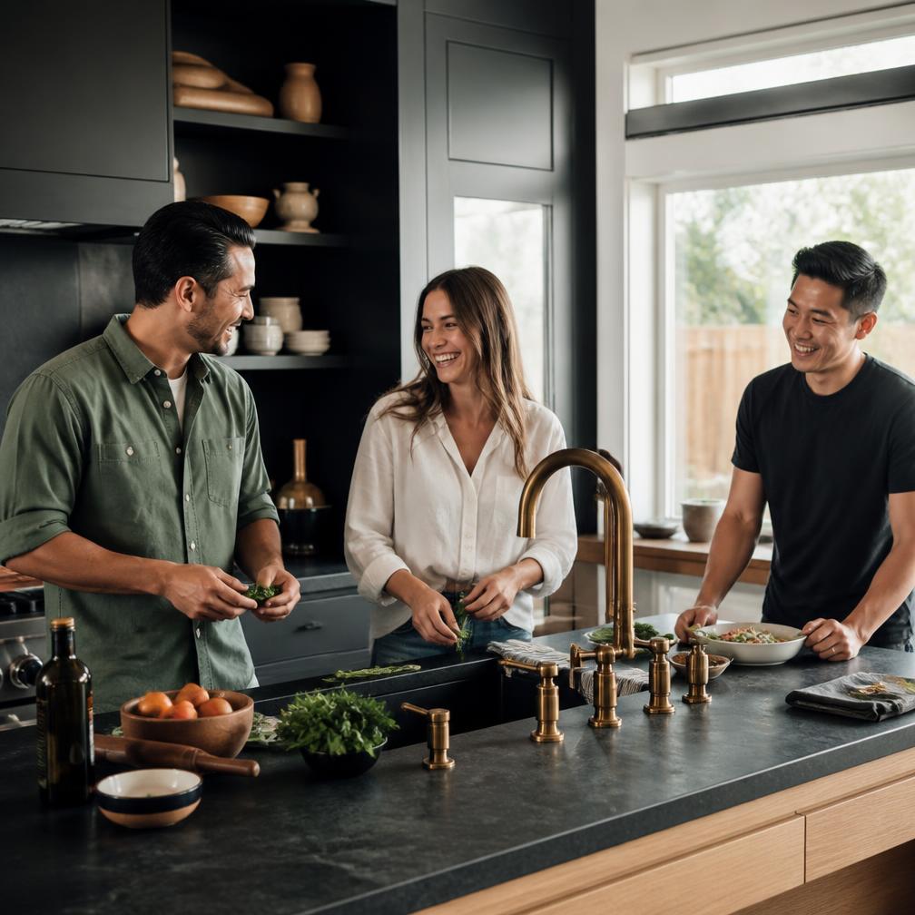 Friends cooking together in a bright kitchen