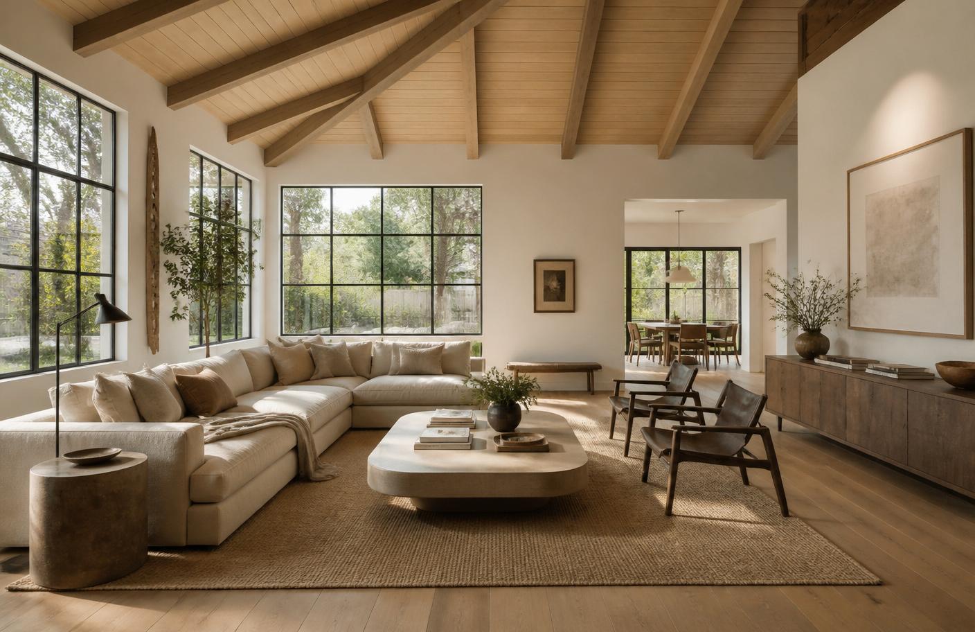 Sunlit modern living room with large windows — the style of home we're aspiring to host in