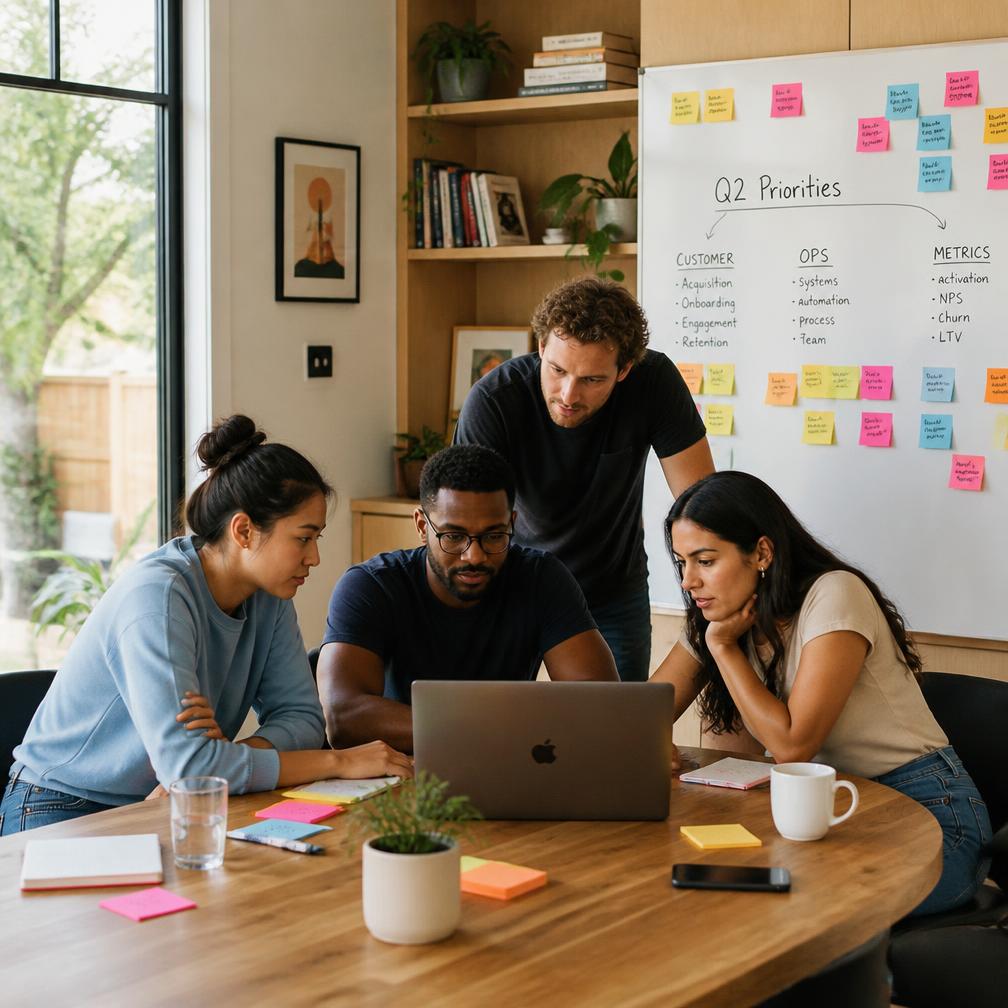 Four coworkers gathered around a laptop, working through a problem together